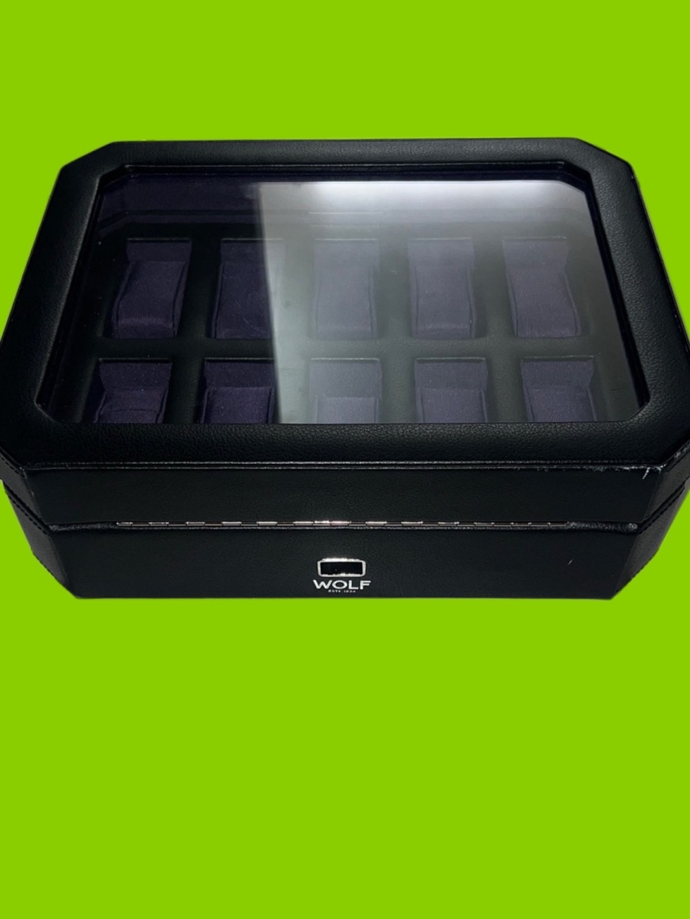 WOLF Black and Purple Watch Organizer with Glass Top